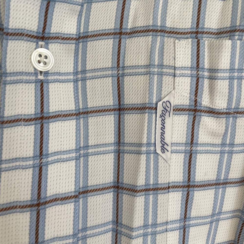 Men’s White Blue & Brown Check Plaid Faconnable Shirt Size 5 | 16.5 L